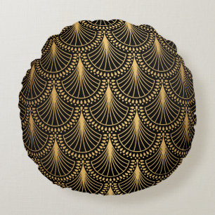 Art Deco, black gold, seamless pattern. Round Pillow