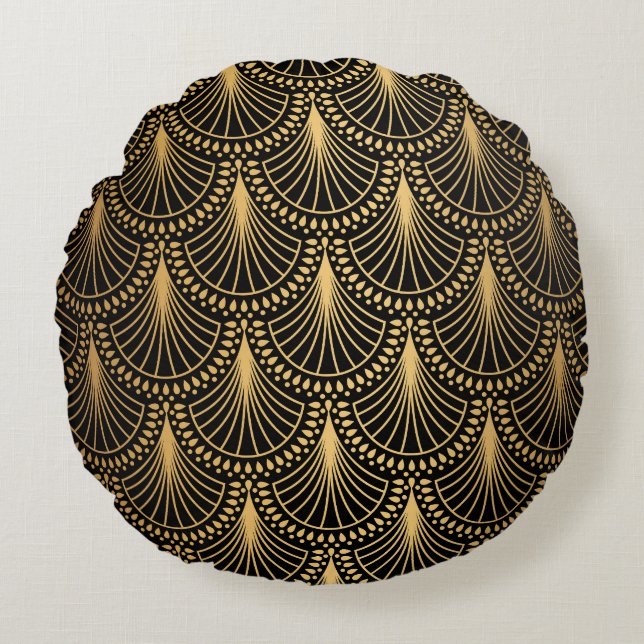 Art Deco, black gold, seamless pattern. Round Pillow (Front)