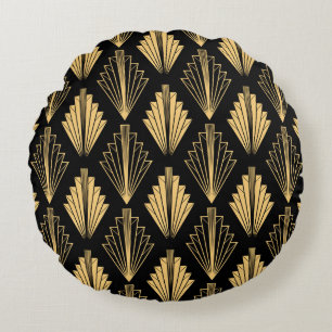 Art Deco Black Gold: Seamless Round Pillow