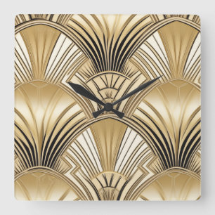 Art deco black gold square wall clock