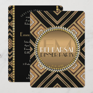 Art Deco Black Gold Wedding Rehearsal Dinner Party Invitation