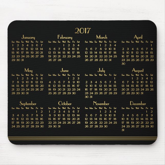 Art Deco Black Gold Yearly Calendar 2017 Mousepad (Front)