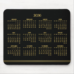 Art Deco Black Gold Yearly Calendar 2026 Mouse Pad