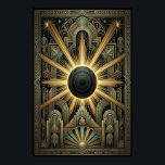 Art Deco Black Hole Celestial Poster | Gold Teal<br><div class="desc">Experience the gravitational elegance of the "Aura Celestial" collection with this striking geometric masterpiece. At the centre of the composition sits a deep, void-like celestial body—a black hole or dark sun—surrounded by a brilliant, multi-layered golden corona that pierces through the darkness. The design is anchored by a complex architectural base...</div>