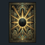 Art Deco Black Hole Celestial Poster | Gold Teal<br><div class="desc">Experience the gravitational elegance of the "Aura Celestial" collection with this striking geometric masterpiece. At the center of the composition sits a deep, void-like celestial body—a black hole or dark sun—surrounded by a brilliant, multi-layered golden corona that pierces through the darkness. The design is anchored by a complex architectural base...</div>