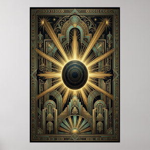 Art Deco Black Hole Celestial Poster   Gold Teal 