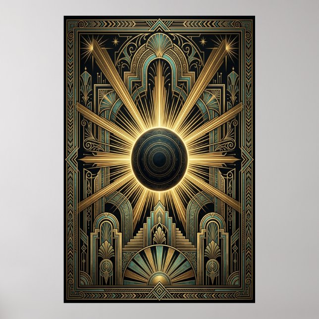 Art Deco Black Hole Celestial Poster | Gold Teal  (Devant)