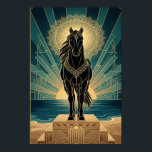Art Deco Black Horse Mandala Sunset Teal Gold Post Poster<br><div class="desc">A divine and symmetrical celebration of the horse. This striking piece features a black horse silhouette standing upon a tiered Art Deco pedestal, positioned directly in front of a massive, shimmering gold mandala. Set against a deep teal sky with a rising sun and stylized ocean waves, this artwork brings a...</div>