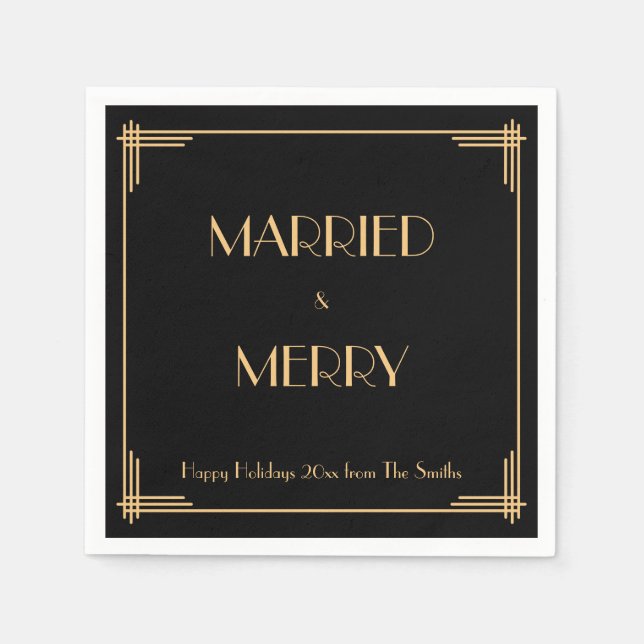 Art Deco Black Married And Merry Christmas Napkins (Front)