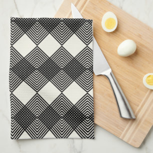Art Deco Black Off White Diamonds Circuit Pattern Kitchen Towel