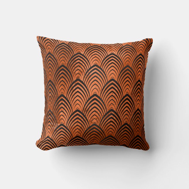 Art Deco Black Orange Geometric Scales Classic Throw Pillow (Front)