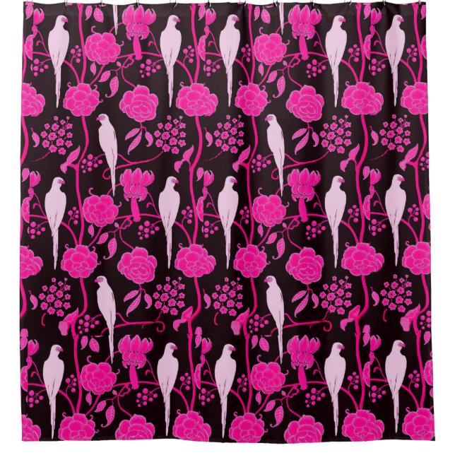 ART DECO BLACK PINK FUCHSIA FLOWERS,WHITE PARROTS (Front)