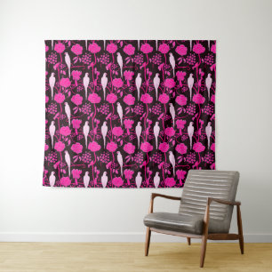 ART DECO BLACK PINK FUCHSIA FLOWERS,WHITE PARROTS TAPESTRY