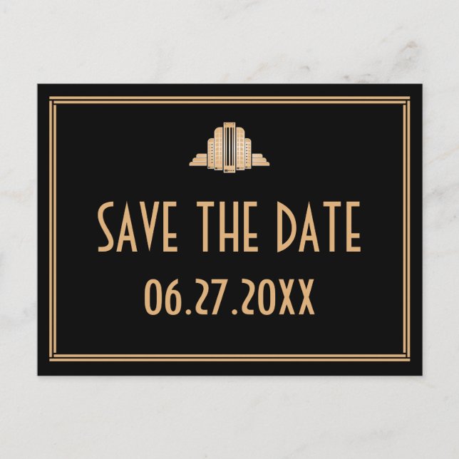 Art Deco Black Save The Date Postcard (Front)