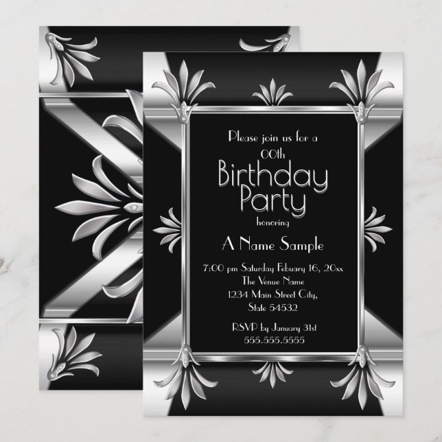 Art Deco Black Silver Chrome Birthday Party Invitation (Front/Back)