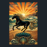 Art Deco Black Stallion Beach Waves Sunset Poster<br><div class="desc">Capture the raw energy of the coastline with this stunning Art Deco stallion. A powerful black horse with a flowing golden mane gallops through stylized ocean waves under a massive,  radiating sun. The foreground features intricate geometric shells and wave patterns,  blending equestrian power with 1920s luxury.</div>