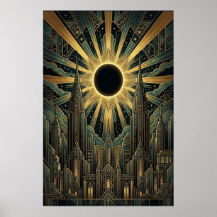 Art Deco Black Sun Cityscape Poster   Gold Teal