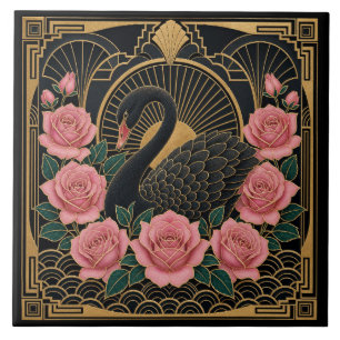 Art Deco Black Swan and Pink Roses Tile