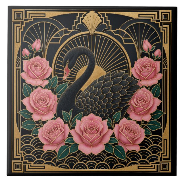 Art Deco Black Swan and Pink Roses Tile (Front)