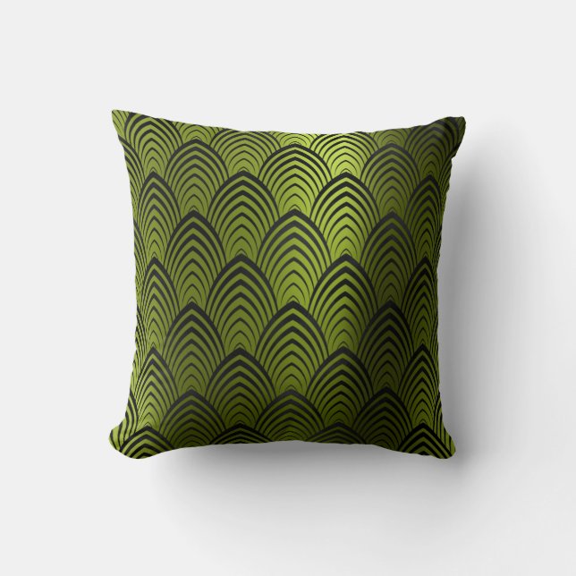 Art Deco Black Tropic Metallic Geometric Scales Throw Pillow (Front)