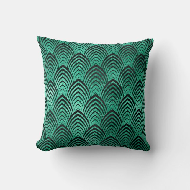 Art Deco Black Tropical Green Emerald Scales Throw Pillow (Front)