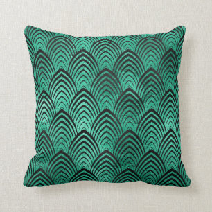 Art Deco Black Tropical Green Emerald Scales Throw Pillow