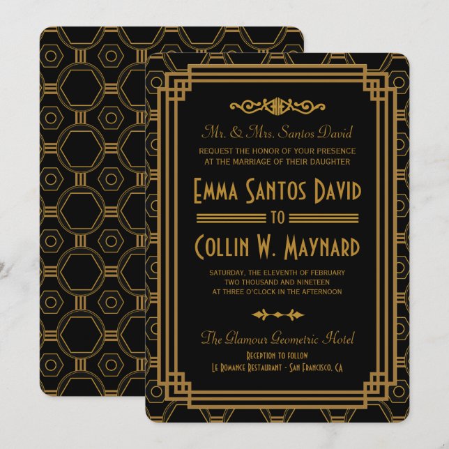 Art Deco Black Wedding Invitations (Front/Back)
