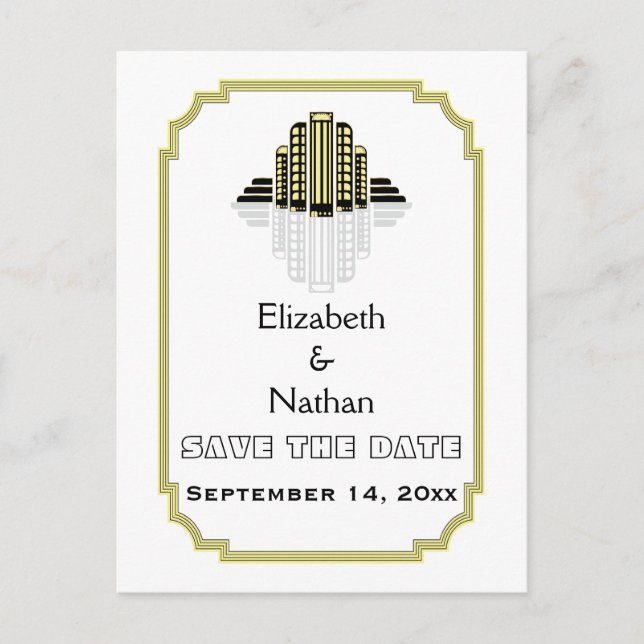Art Deco black yellow wedding Save the Date Announcement Postcard (Front)