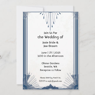 Art déco bleu blanc élégant mariage invitation