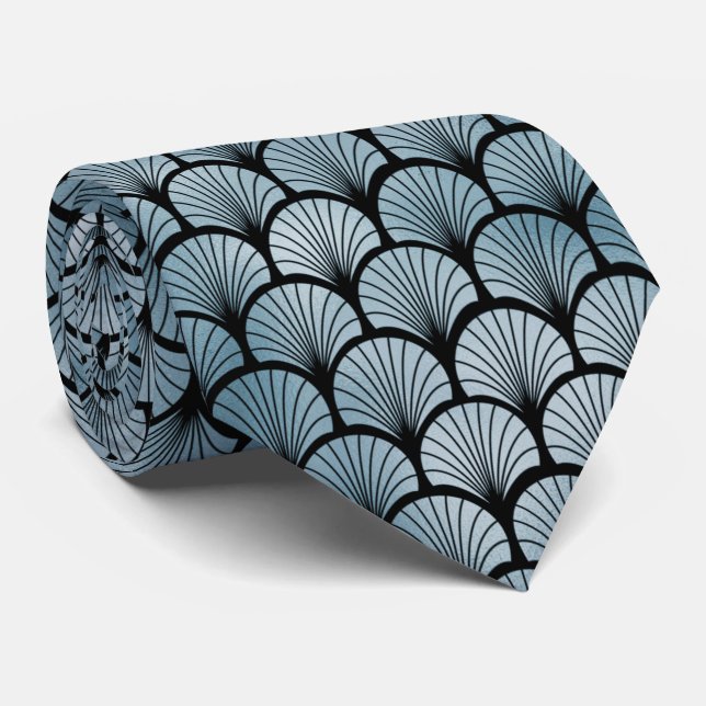 Art Deco Blue and Black Fan Pattern Neck Tie (Rolled)