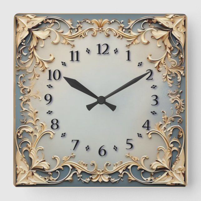 Art Deco Blue and Gold Square Wall Clock (Front)