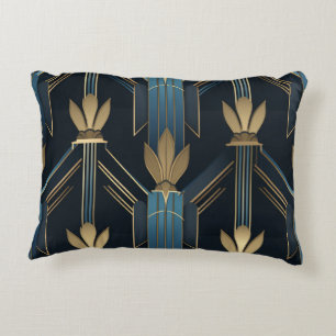 Art Deco Blue and Golden Patterns Accent Pillow