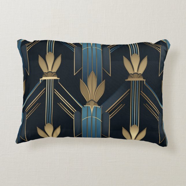 Art Deco Blue and Golden Patterns Accent Pillow (Back)