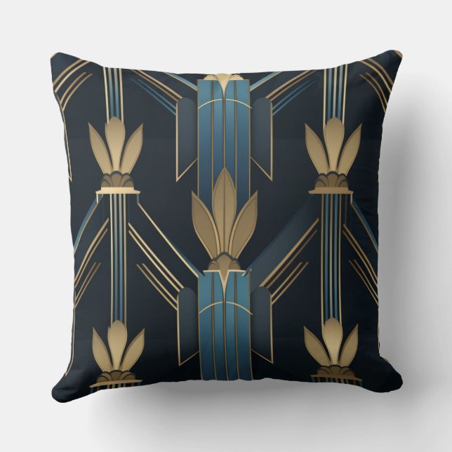 Art Deco Blue and Golden Patterns Throw Pillow (Back)