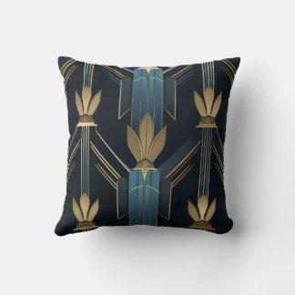 Art Deco Blue and Golden Patterns Throw Pillow
