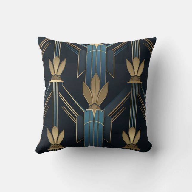 Art Deco Blue and Golden Patterns Throw Pillow (Back)