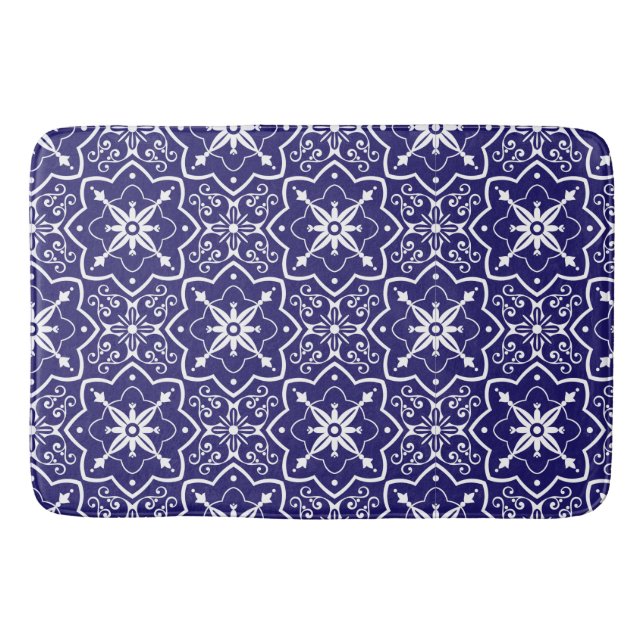 Art Deco Blue and White Abstract Tiled Pattern Bath Mat (Front)