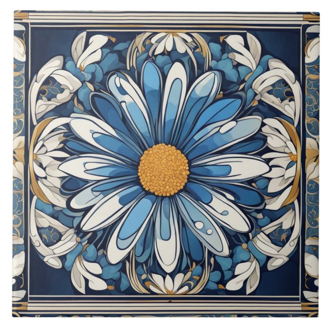 Art Deco Blue and White Daisy Flower Art Nouveau Tile (Front)