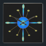 Art Deco Blue/ Aqua/ Gold > Creative Clocks<br><div class="desc">A simplistic creative art deco wall clock. This decreative design has a black background and colours of blue aqua and gold .Available in square shape only</div>