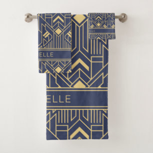 Art Deco Blue Gold Geometric Personalized Name Bath Towel Set