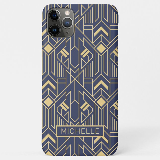 Art Deco Blue Gold Geometric Personalized Name Case-Mate iPhone Case (Back)