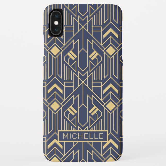 Art Deco Blue Gold Geometric Personalized Name Case-Mate iPhone Case (Back)