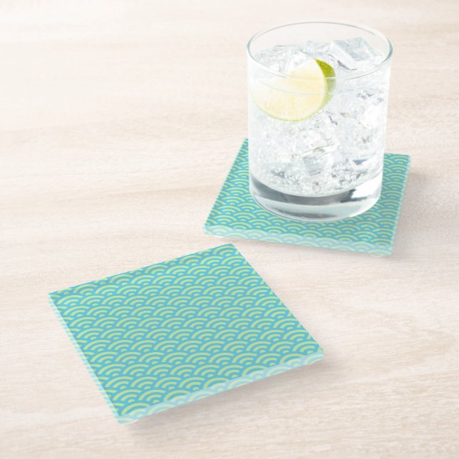 Art Deco Blue Green Curve Pattern Glass Coaster (Angled)