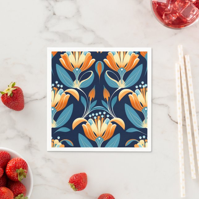Art Deco blue orange flowers Napkin (Insitu)