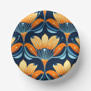 Art Deco blue orange flowers Paper Plate