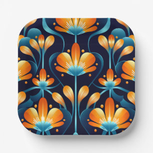 Art Deco blue orange flowers Paper Plate