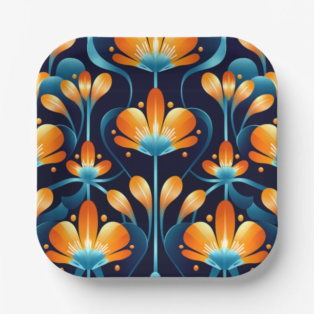 Art Deco blue orange flowers Paper Plate (Front)