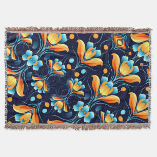 Art Deco blue orange flowers Throw Blanket