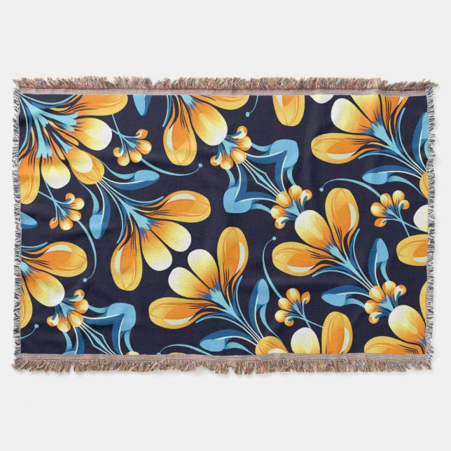 Art Deco blue orange flowers Throw Blanket (Front)