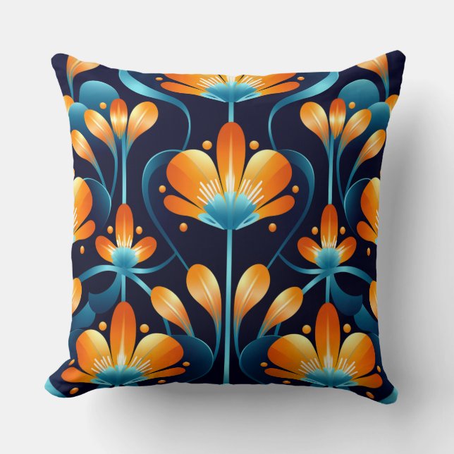 Art Deco blue orange flowers Throw Pillow (Front)
